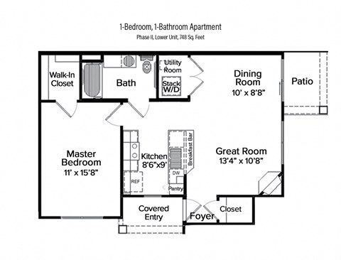 2-D floor plan of a 1-bedroom, 1-bathroom, lower apartment in Phase II with a private patio (748 square feet)